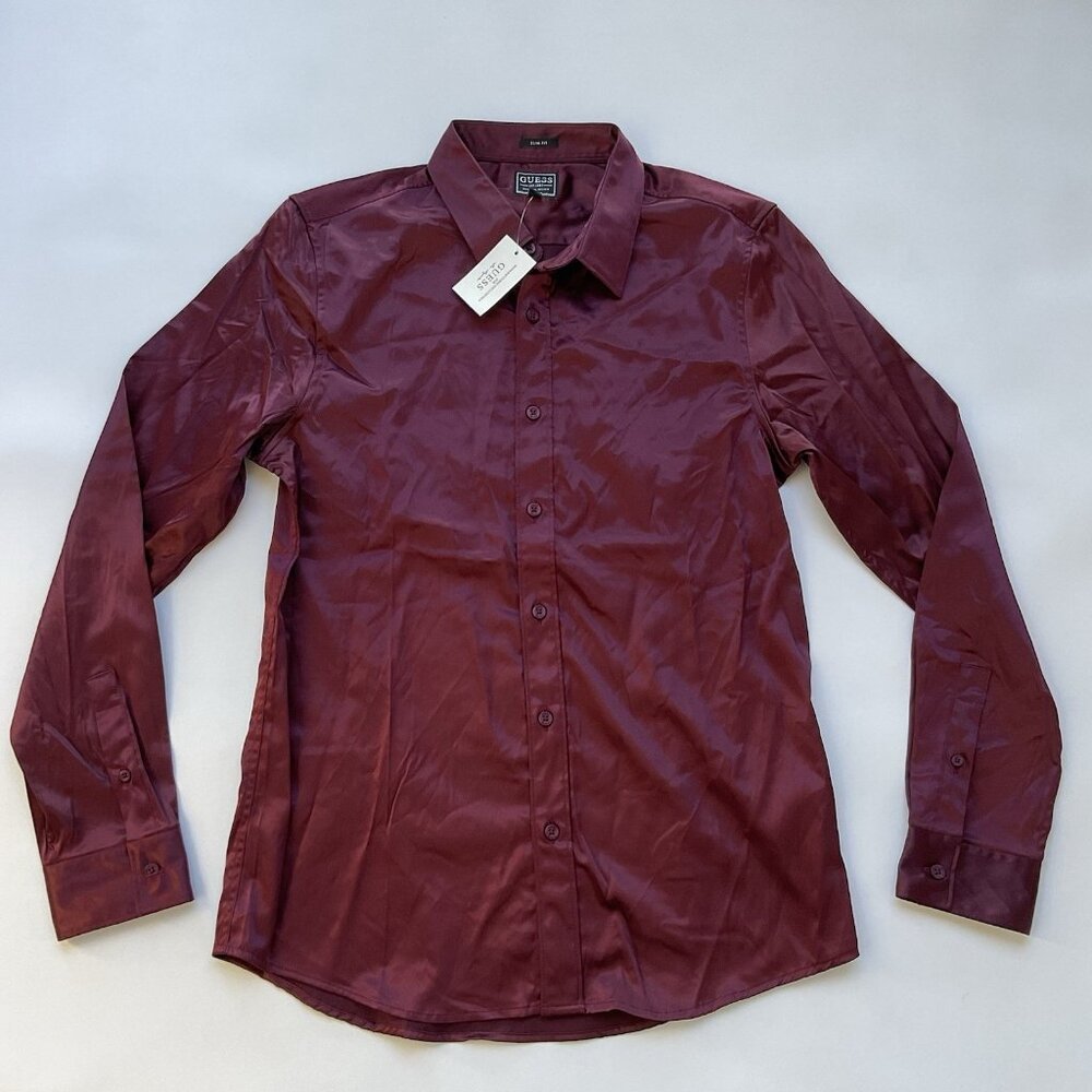 Guess Men’s Regal Woven Dress Shirt Slim Fit Long Sleeves Bright Burgundy Size M